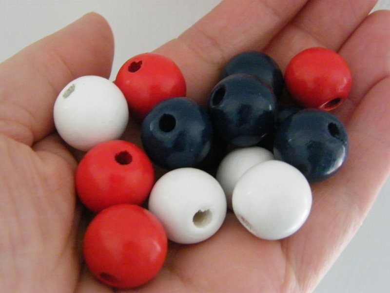 22 Red white blue dyed wood beads 15mm FS - SALE 50% OFF