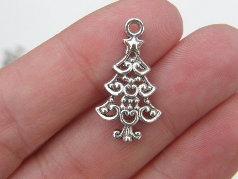 BULK 50 Christmas tree charms antique silver tone CT12 