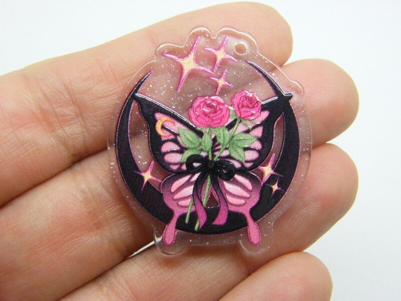 4 Butterfly  rose flowers pendants clear pink black acrylic A289