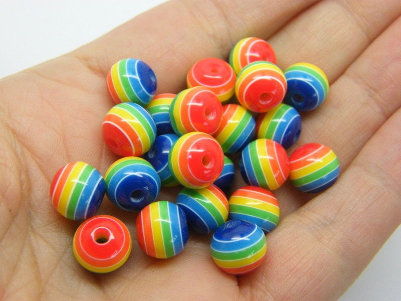 50 Rainbow striped beads 10mm resin BB606
