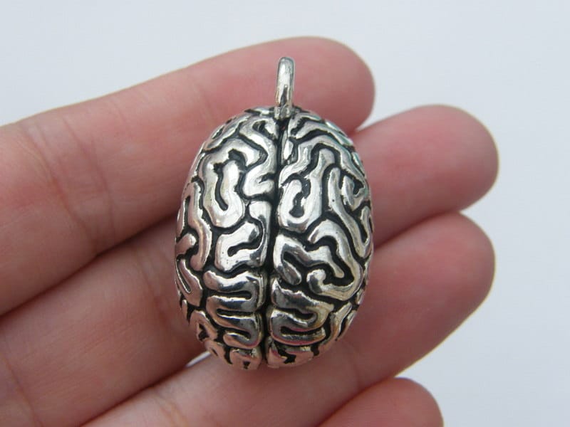 BULK 3 Brain pendants antique silver tone MD52
