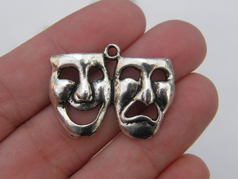 4 Mask comedy tragedy pendants antique silver tone P157