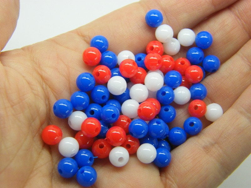 120 Red white and blue 6mm random mixed acrylic round beads AB611 - SALE 50% OFF