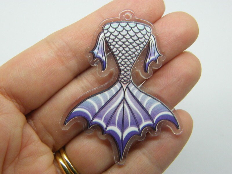 2 Mermaid tail pendants clear purple black acrylic FF