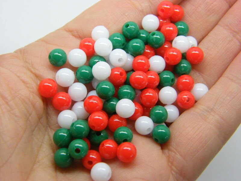 120 Christmas green red white round 6mm beads acrylic AB315 - SALE 50% OFF
