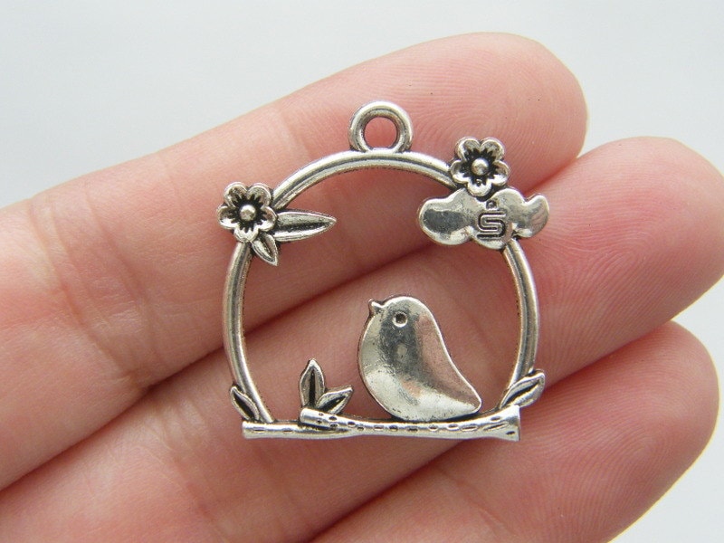 4 Bird perch pendants antique silver tone B2