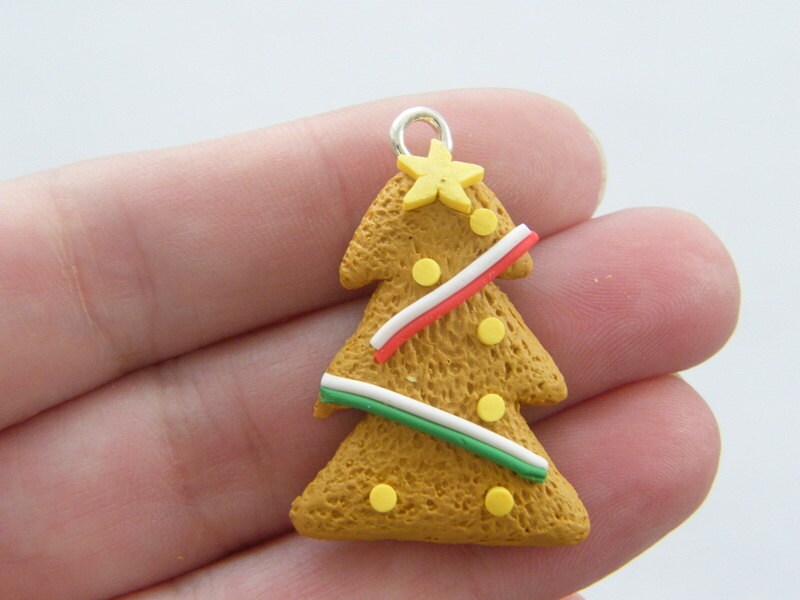 10 Gingerbread iced Christmas tree cookie pendants resin  CT142