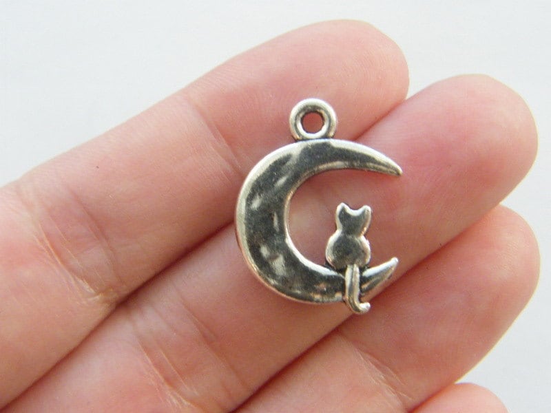 BULK 50 Cat moon charms antique silver tone A859