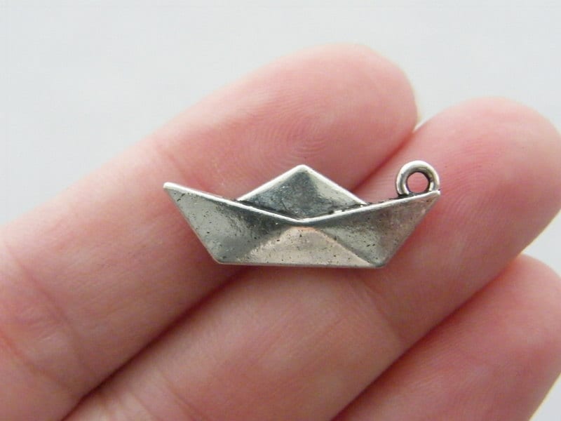 10 Paper origami boat charms antique silver tone P433