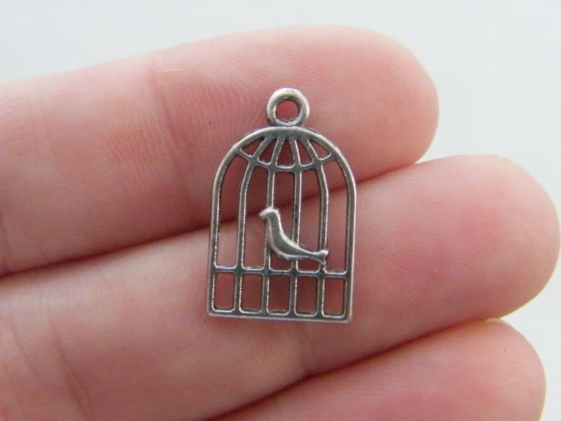 16 Bird cage charms antique silver tone B89