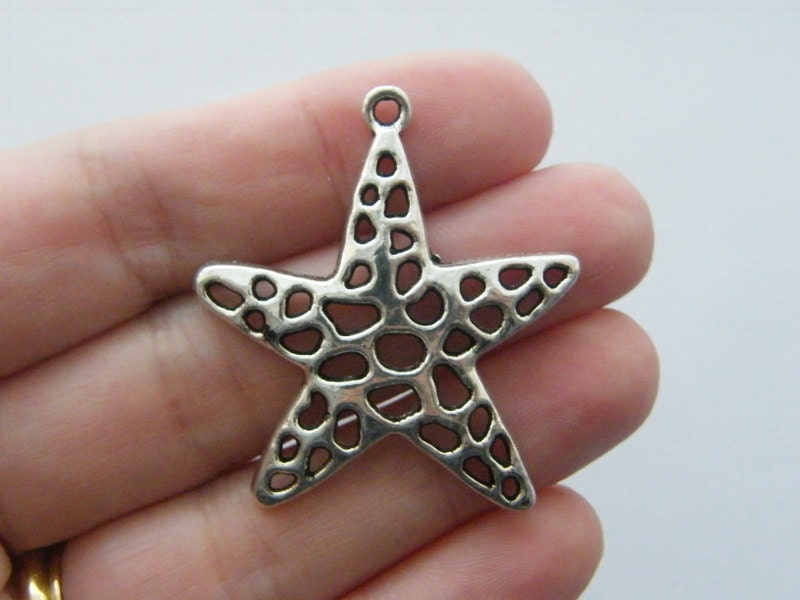 6 Starfish pendants charms antique silver tone S46