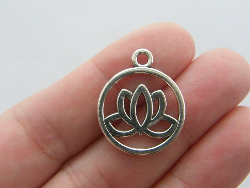 10 Lotus flower charms antique silver tone F249
