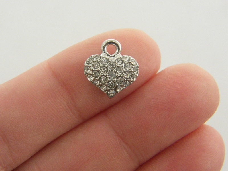 2 Heart with rhinestone charms antique silver tone H73