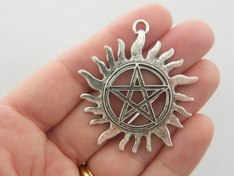 2 Sun pentagram charms  antique silver tone HC89