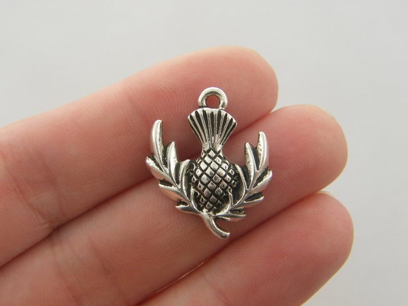 6 Thistle charms antique silver tone F34