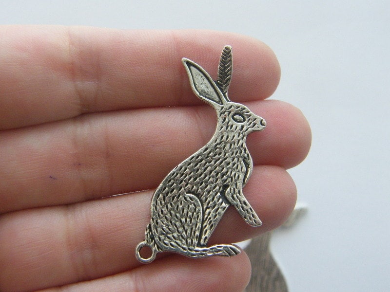 4 Hare rabbit connector charms antique silver tone A252