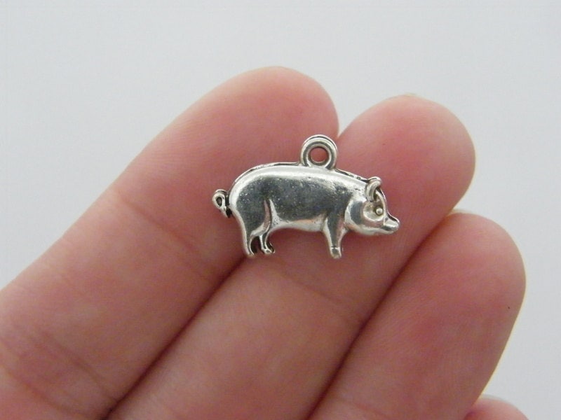 10 Pig charms antique silver tone A105