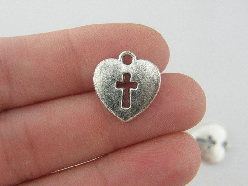BULK 50 Heart and cross charms antique silver tone C67