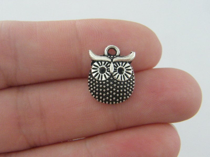 10 Owl charms antique silver tone B256