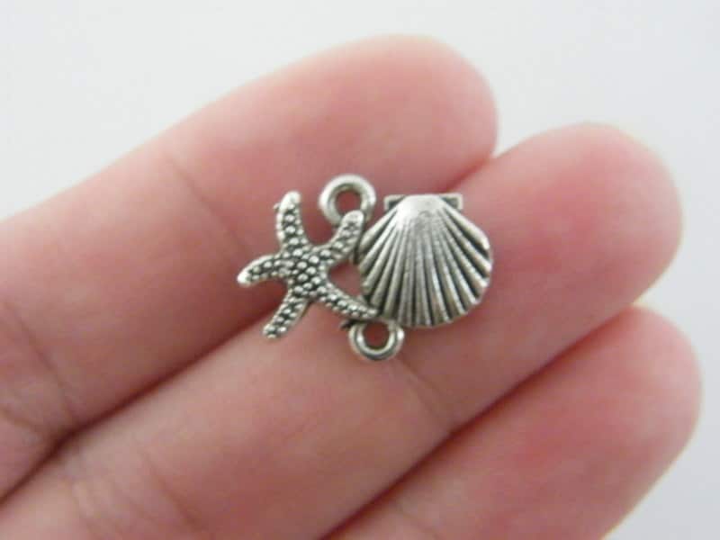BULK 50 Shell and starfish connector charms antique silver tone FF190 - SALE 50%