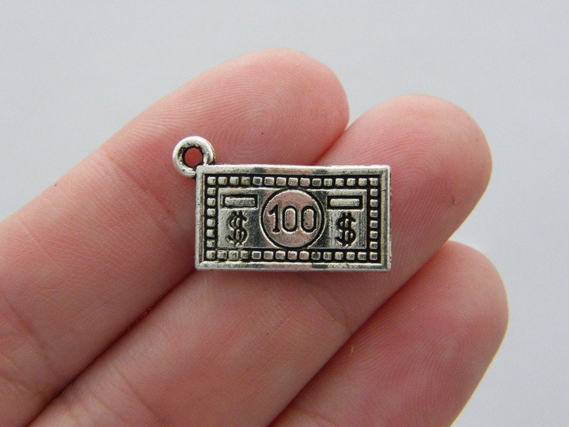 10 One hundred dollar bill money charms antique silver tone WT18