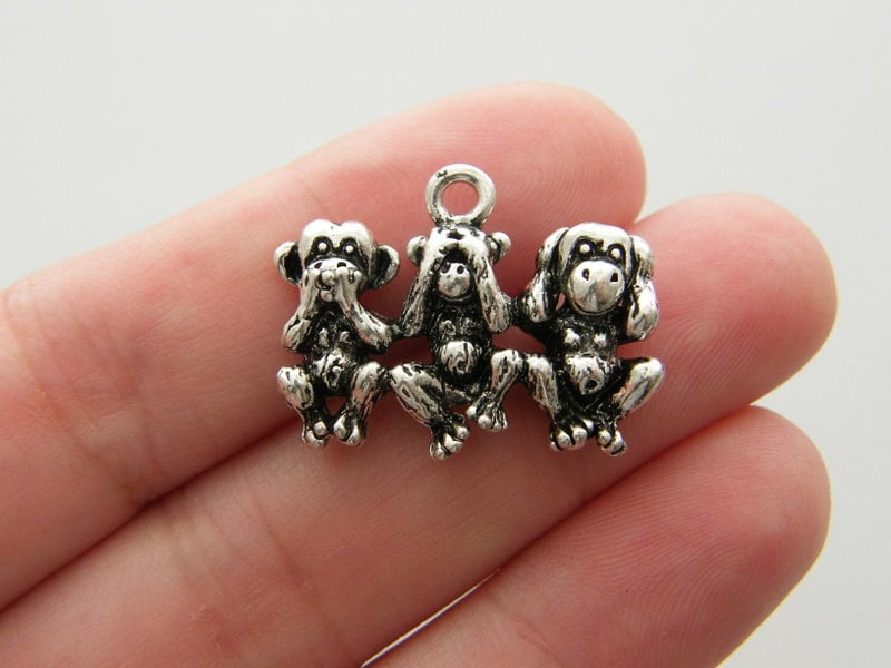 2 Monkey charms antique silver tone A206
