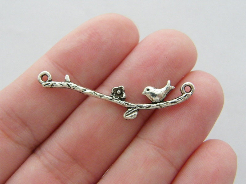 12 Bird on a branch connector charms antique silver tone B132