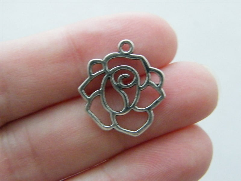 10 Rose  flower charms antique silver tone F125