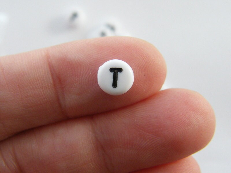 100 Letter T acrylic round alphabet beads white and black