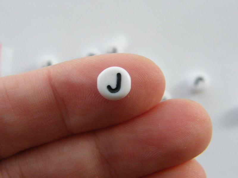 100 Letter J acrylic round alphabet beads white and black - SALE 50% OFF