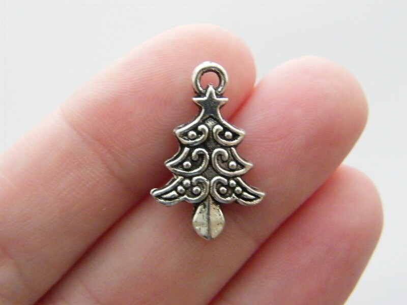 10 Christmas tree charms antique silver tone CT8