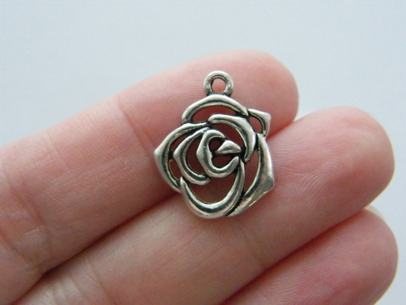 12 Rose flower charms antique silver tone F137
