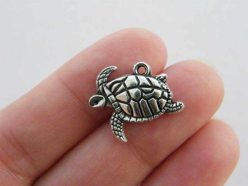 10 Turtle charms antique silver tone FF126