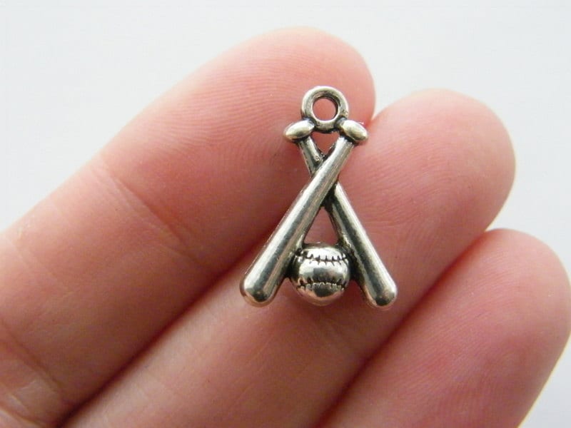 8 Baseball bat and ball charms antique silver tone SP28