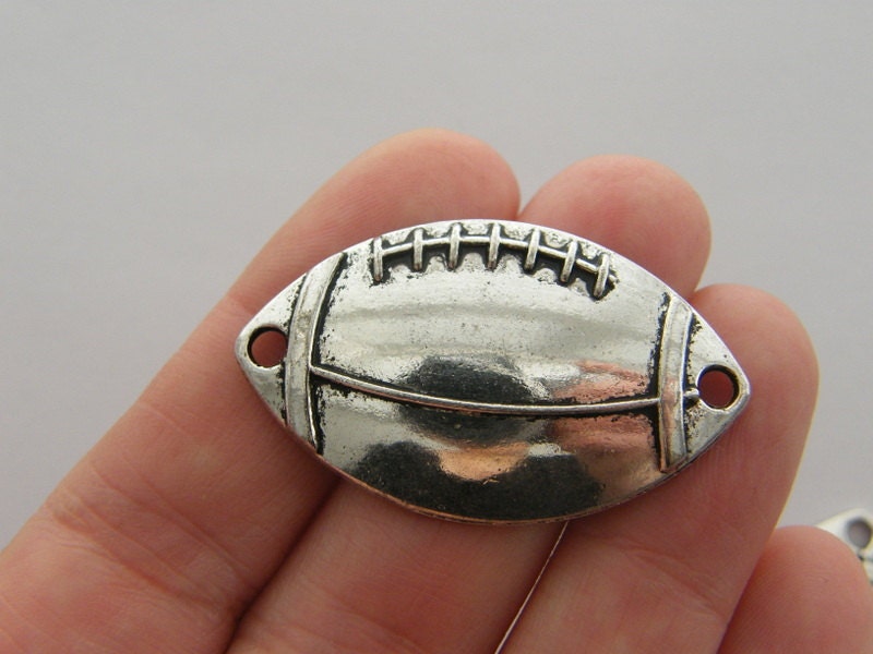 4 American football ball connector charms antique silver tone SP197