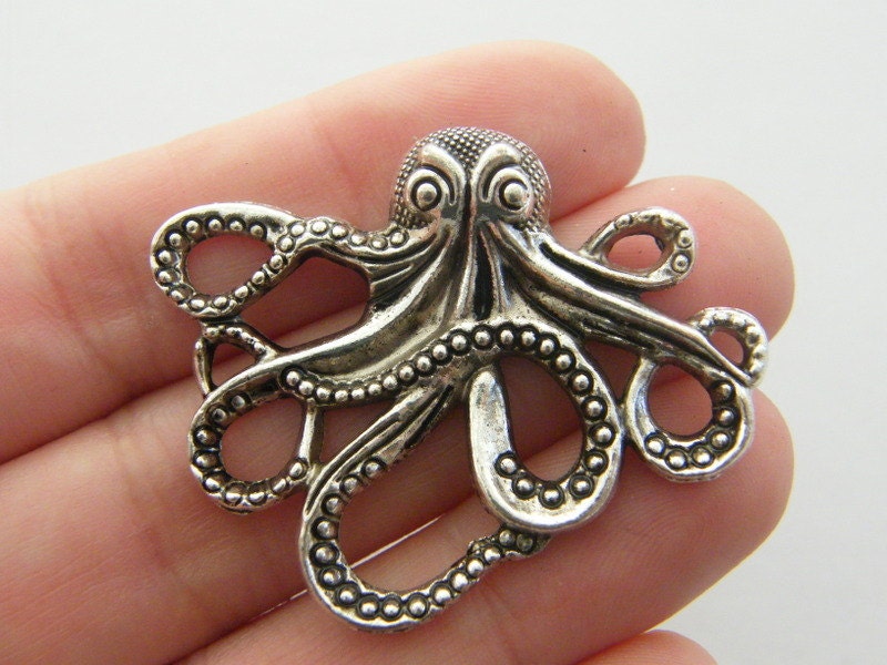 2 Octopus connector charms antique silver tone FF252