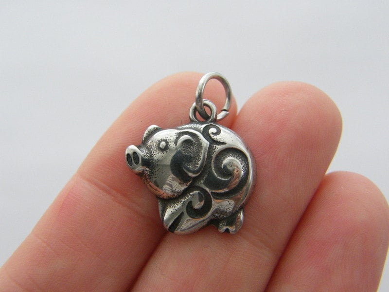 2 Pig charms silver tone stainless steel A449