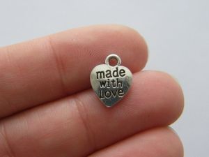 12 Made with love heart charms antique silver tone M280