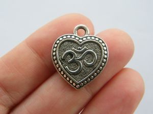 12 OM heart charms antique silver tone I86