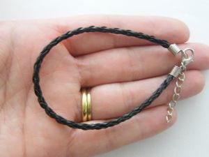 4 Black leather braided bracelets 20cm x 3mm