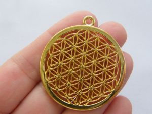 2 Flower of life pendants  charms bright gold tone M19