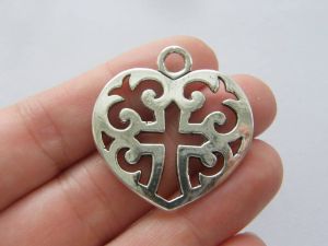 4 Cross heart charms antique silver tone C108