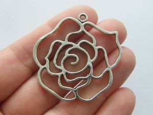 2 Rose flower pendants  charms antique silver tone F104
