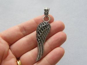 1 Angel wing rhinestone pendant antique silver tone stainless steel AW10