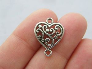 10 Heart connector charms antique silver tone H180