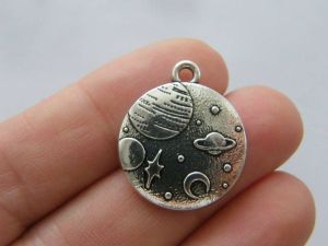 2 Saturn planet moon stars charms antique silver tone S79