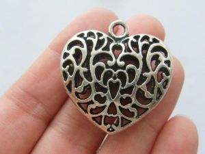 2 Heart  pendants charms antique silver tone H71