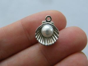 BULK 30 Pearl in oyster shell charms silver tone FF391