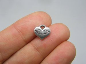 14 Angel wing heart charms antique silver tone AW109