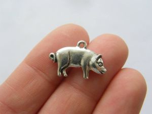 6 Pig charms antique silver tone A717